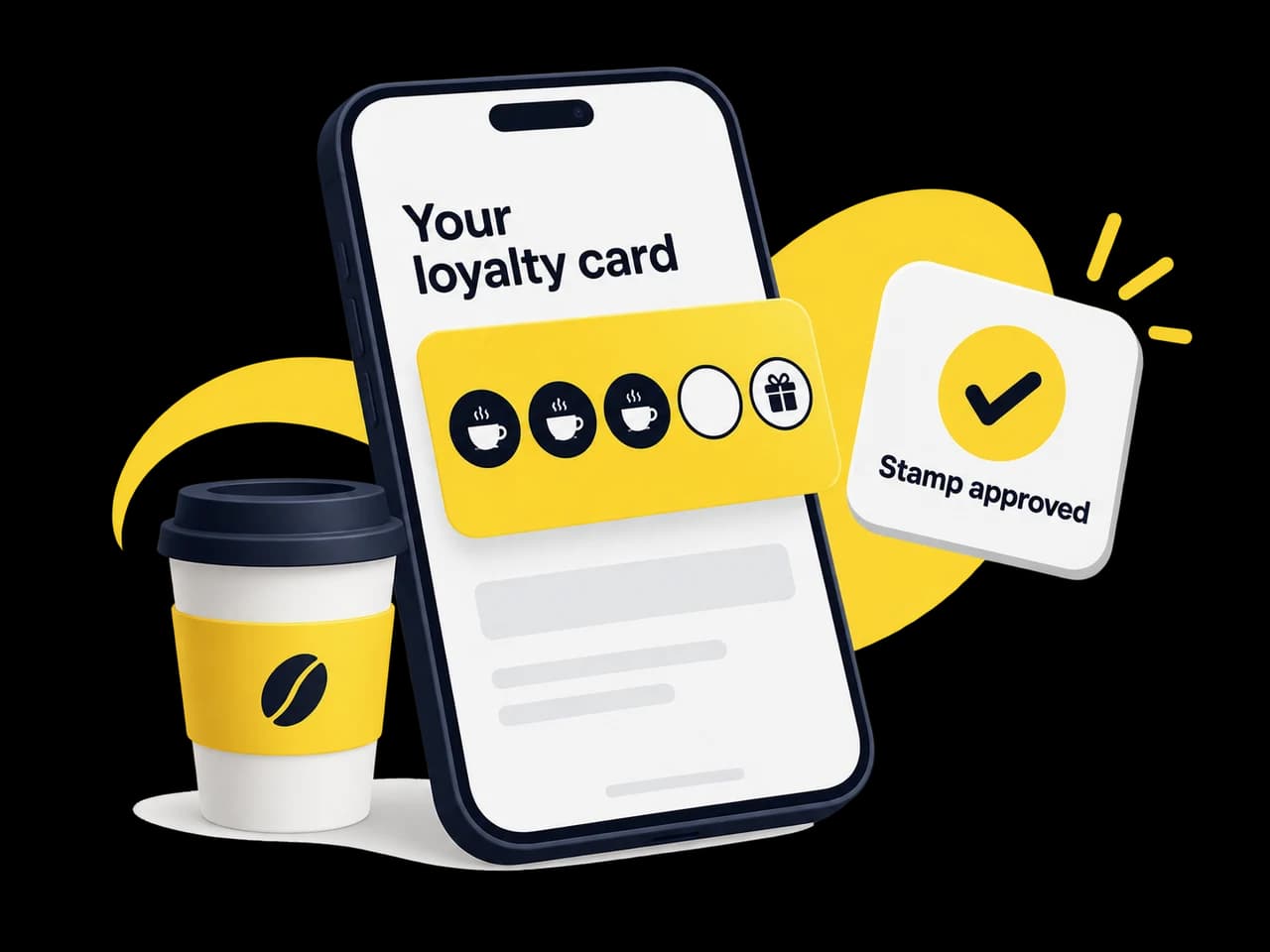A yellow loyalty card on a phone beside a coffee and an approved stamp.