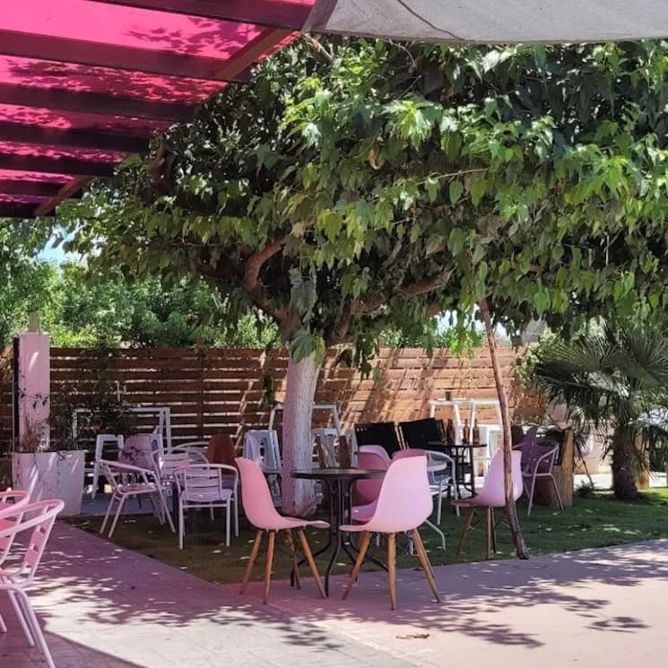 Pink chairs around small tables under a tree on the Comvos Café terrace.