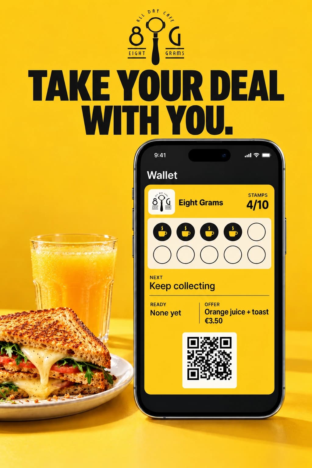 “Take your deal with you.” above a phone showing the Eight Grams card in Apple Wallet, with orange juice and toast for €3.50 as its offer.