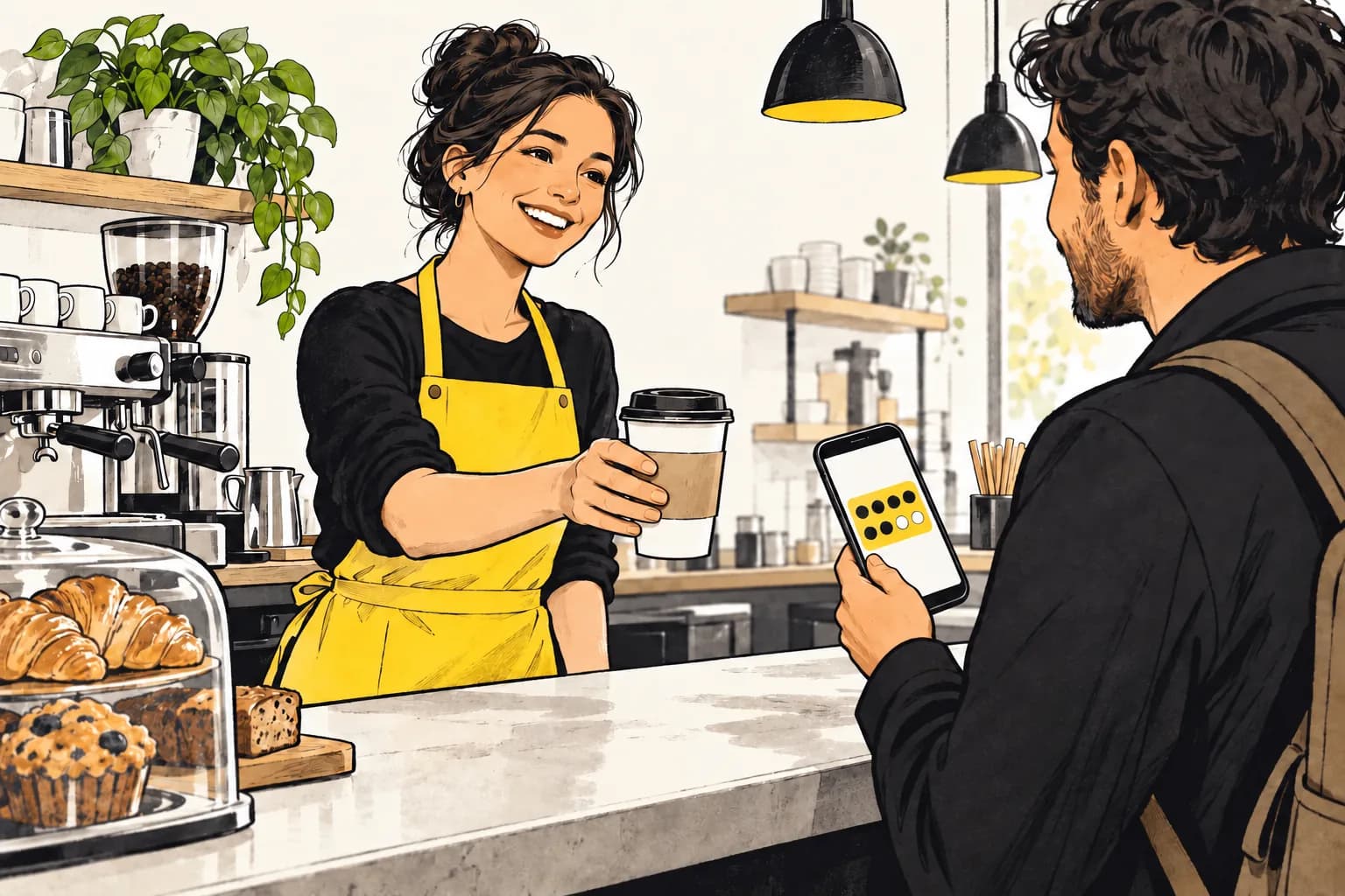 Illustration of a barista handing coffee to a customer holding a digital stamp card on their phone.