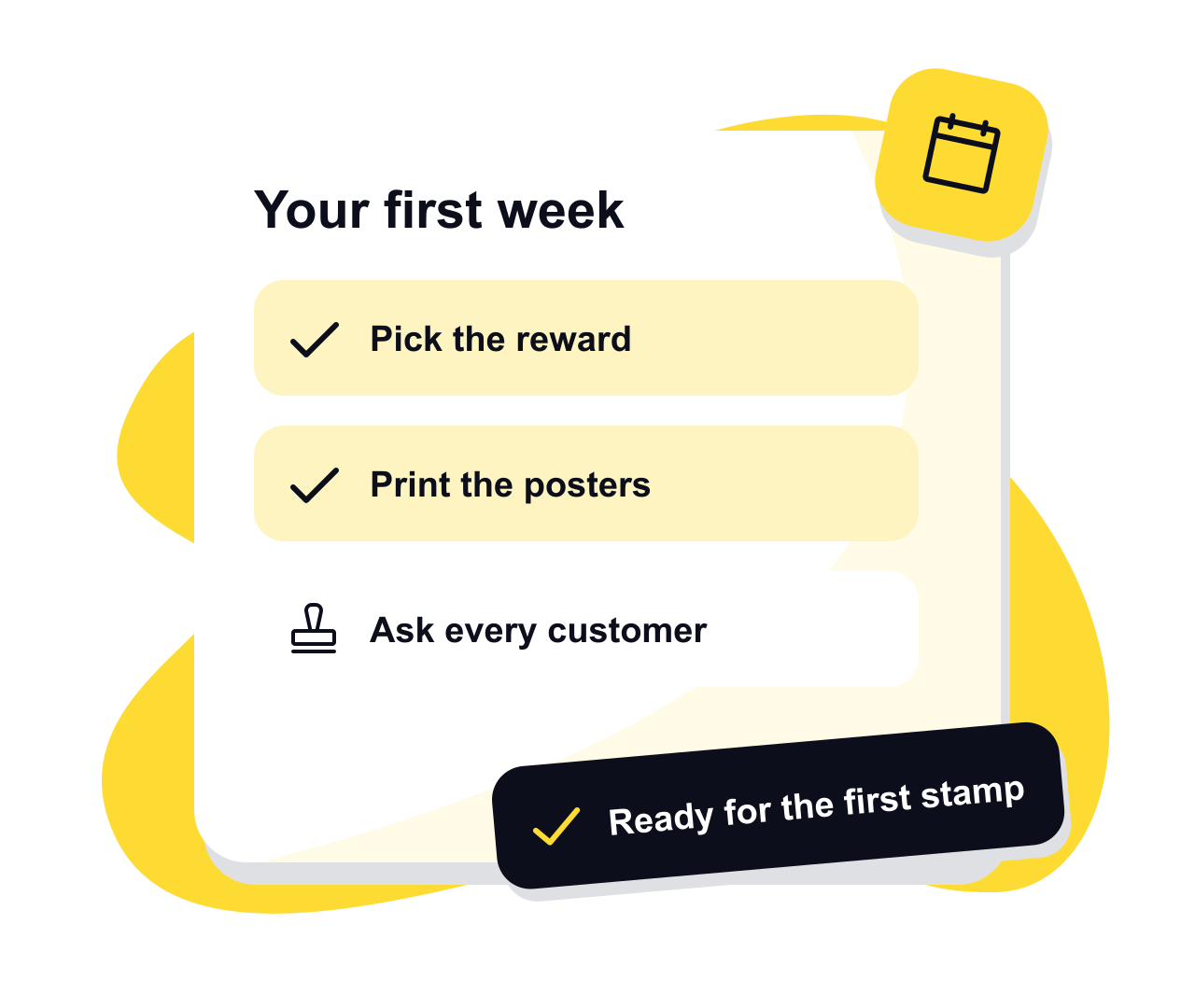A first-week checklist for a new loyalty programme, with the first two steps ticked.