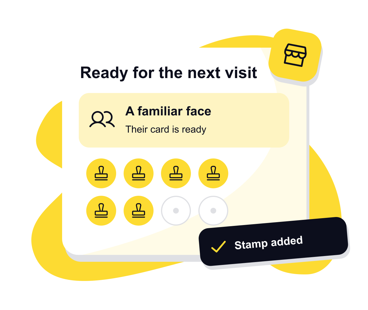 A till screen with a returning customer's card and a stamp-added confirmation.