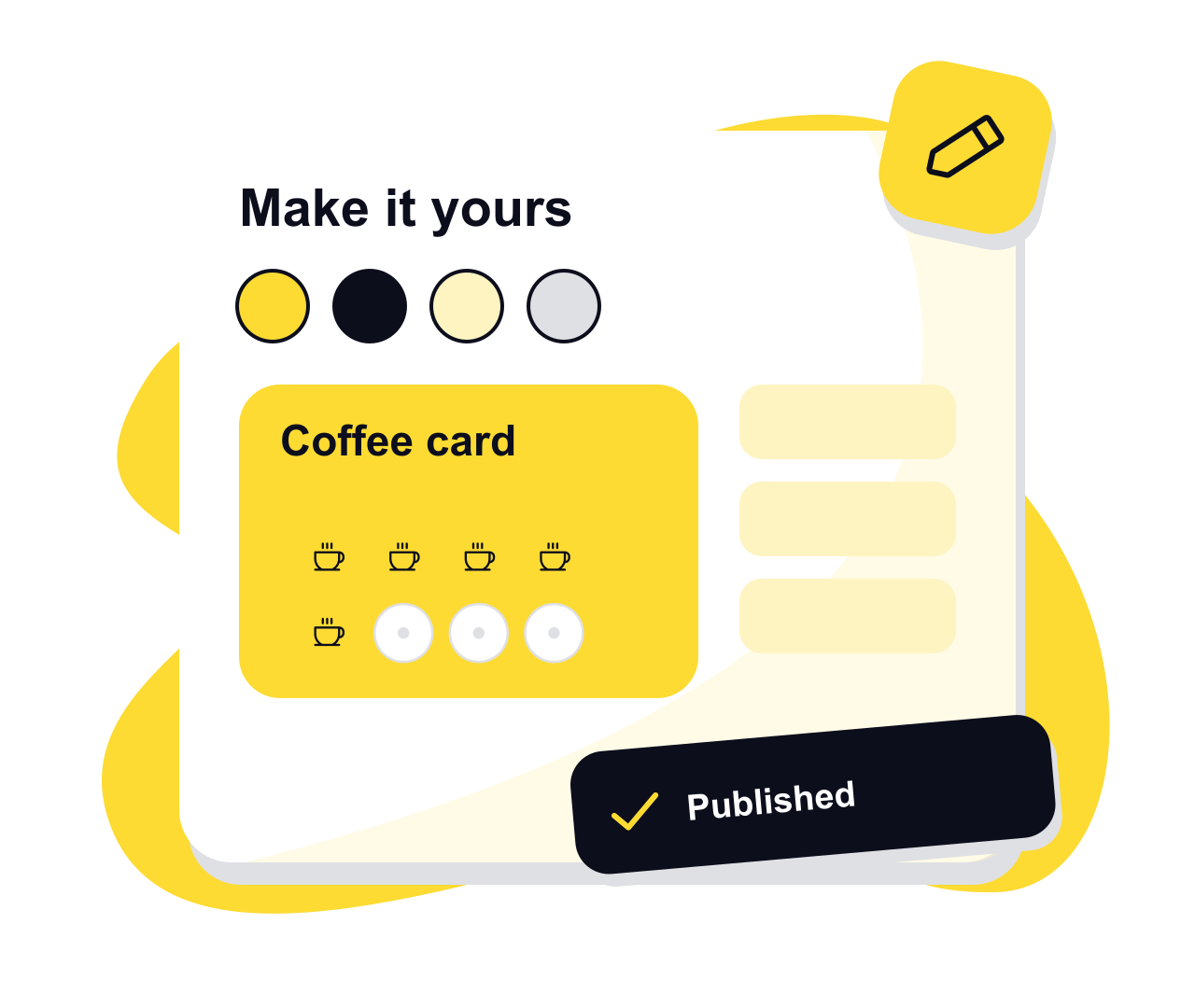 A card editor with colour swatches beside a preview of a yellow coffee card, marked as published.