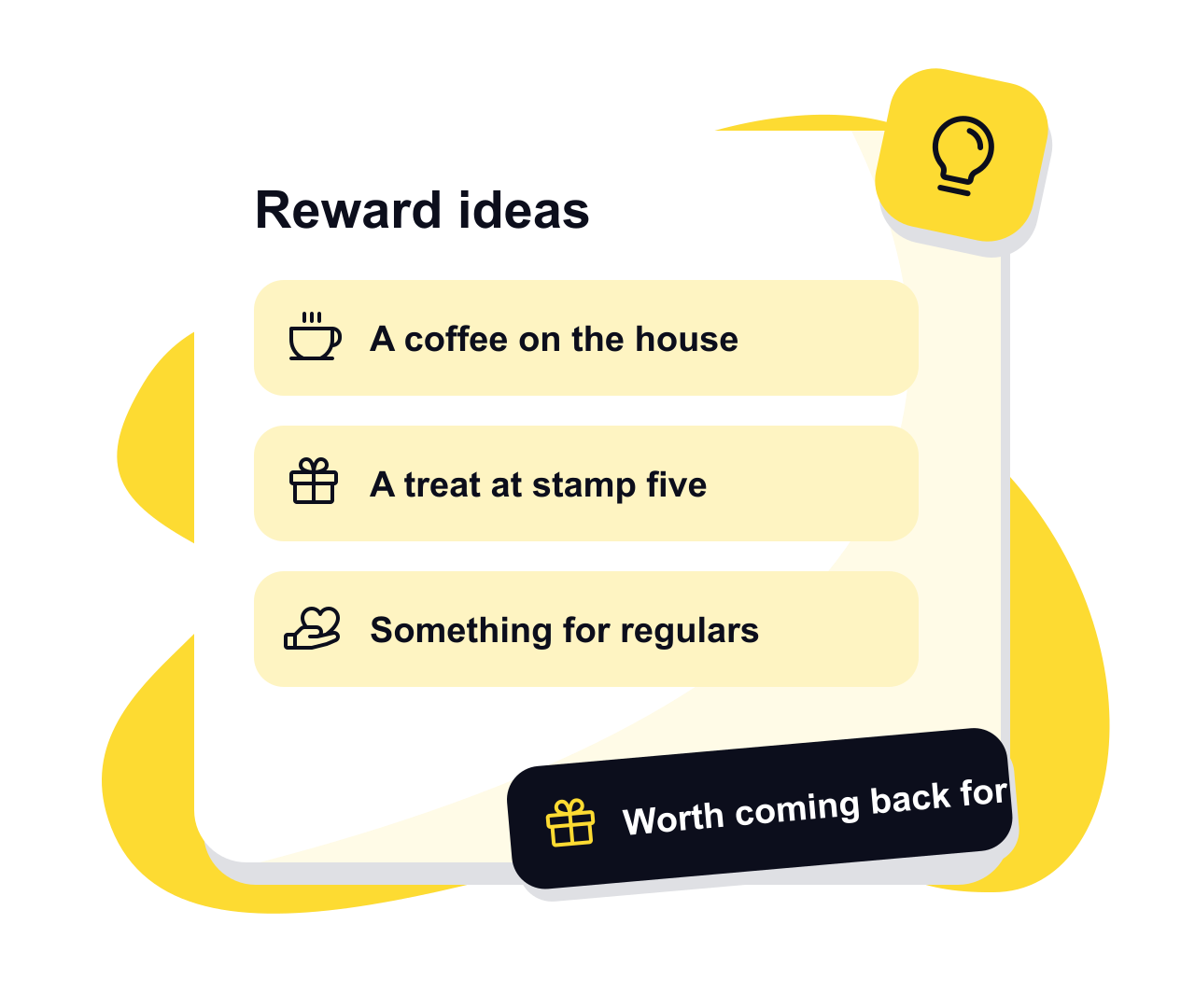 A list of loyalty reward ideas, from a free coffee to something for regulars, with a lightbulb badge.