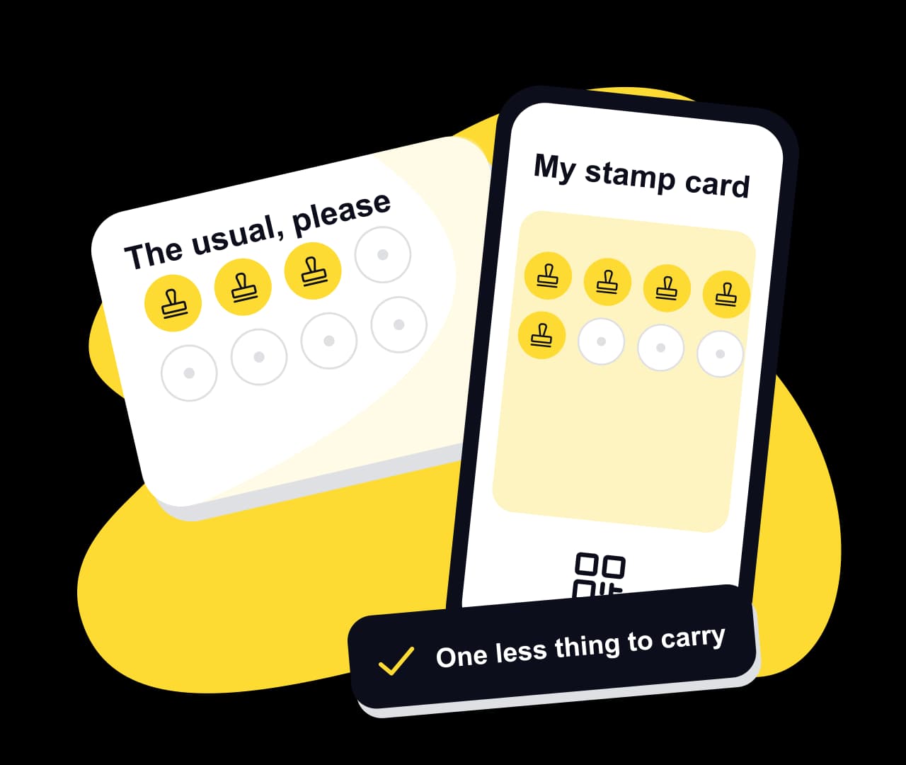 A paper stamp card beside a phone holding its digital replacement.