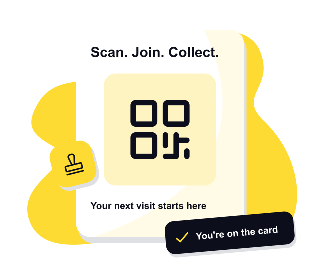 A scan poster with a stylised QR symbol and a confirmation that the customer joined the card.