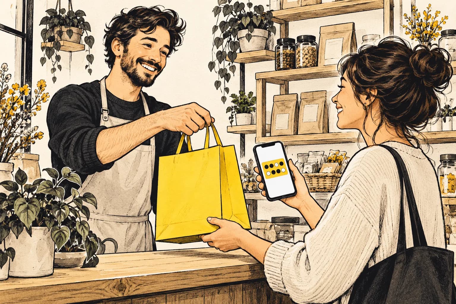 Illustration of a shopkeeper handing a shopping bag to a customer holding a digital stamp card on her phone.