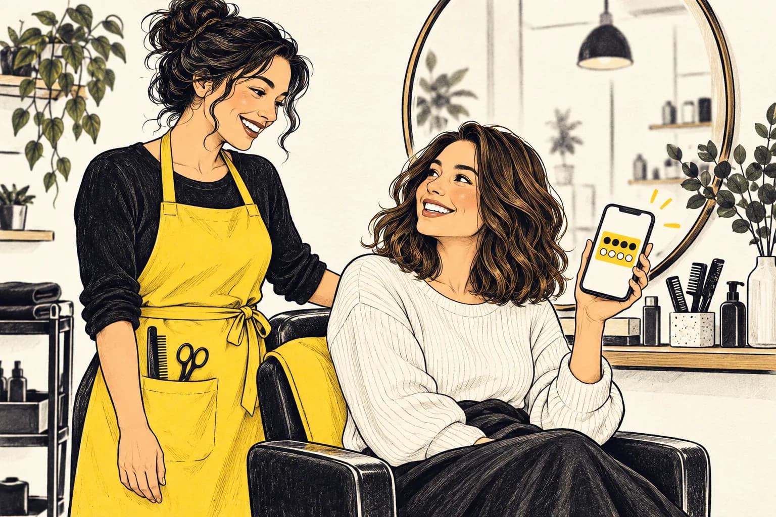 Illustration of a hairstylist beside a client showing a digital stamp card on her phone.