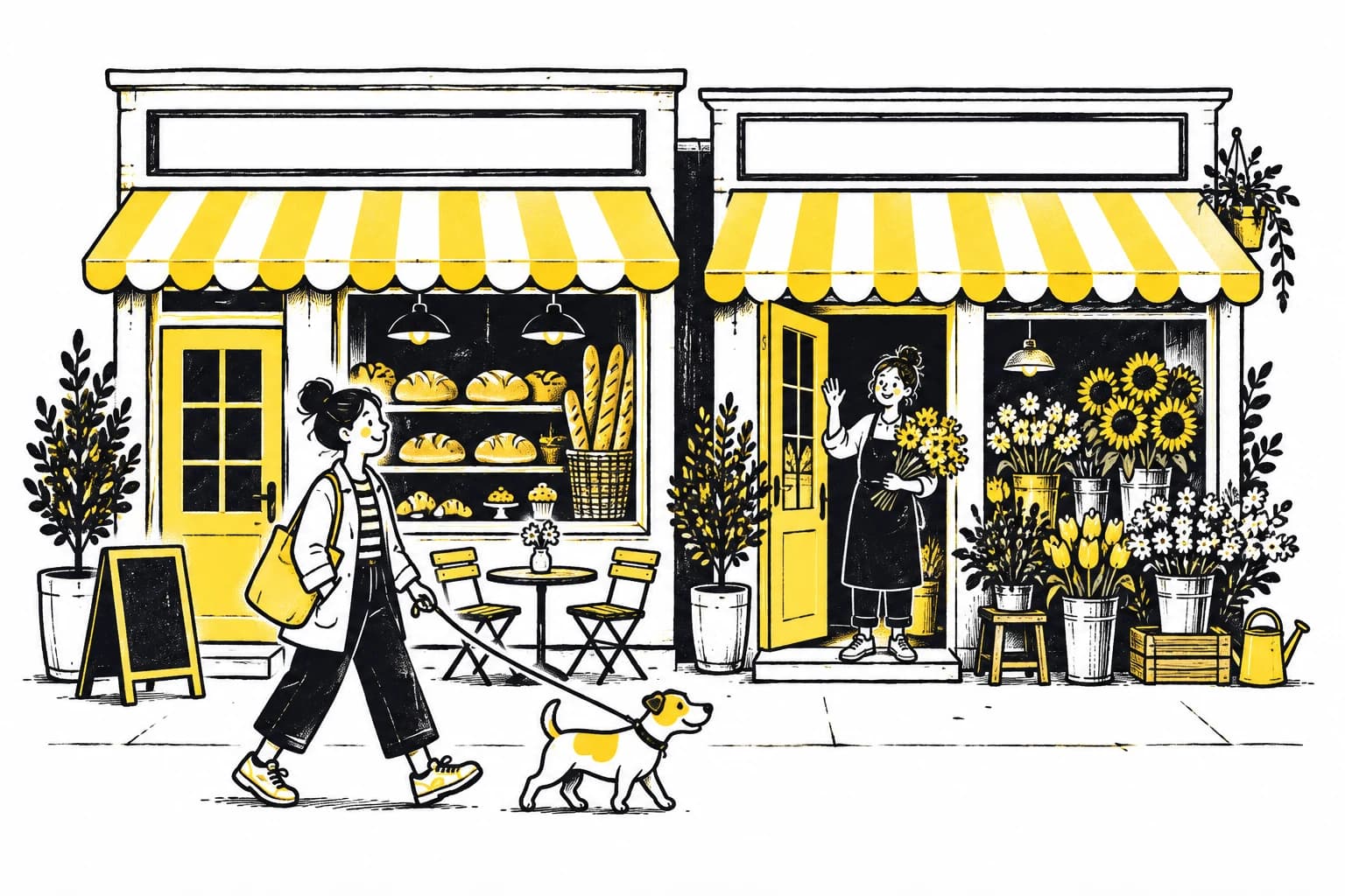 A neighbour walks her dog past a bakery and flower shop as a shopkeeper waves hello.